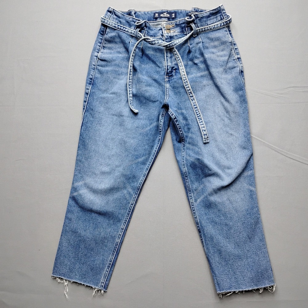 Hollister Curvy Ultra High Rise Mom Jeans 15S Medium Wash Raw Hem Tie Belt